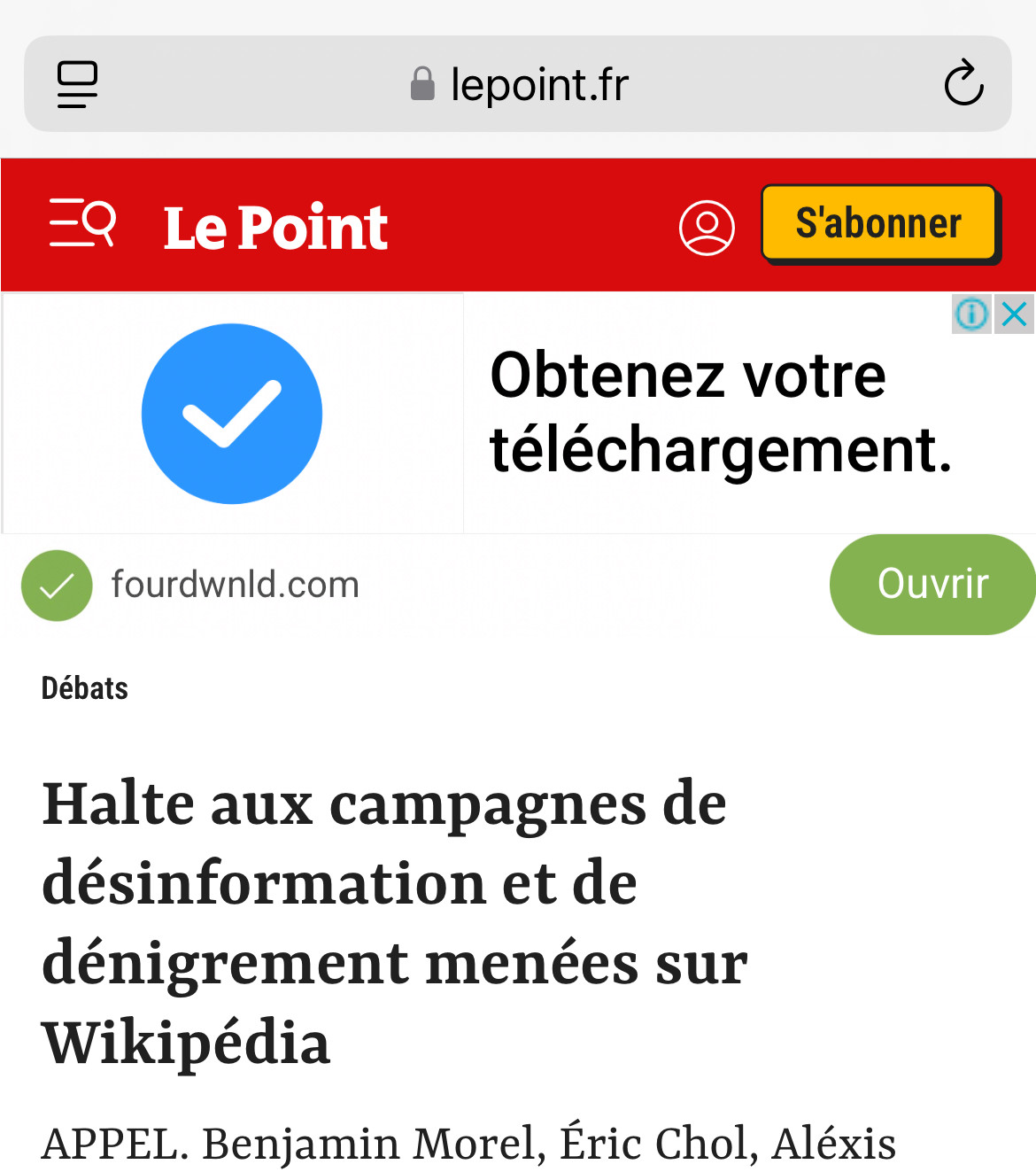 capture d'écran du site « Le Point » avec un lien « publicitaire » pour downloader du malware
